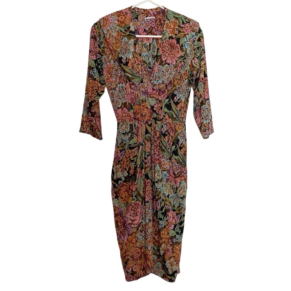 Vintage 80s Dress Womens Size XS 0 Rose Print Multi Blazer Deep V Neck Pockets
